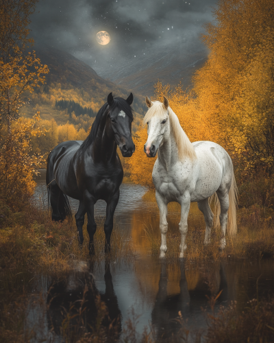 Magnificent black and white horses gallop in moonlit Nordic nature