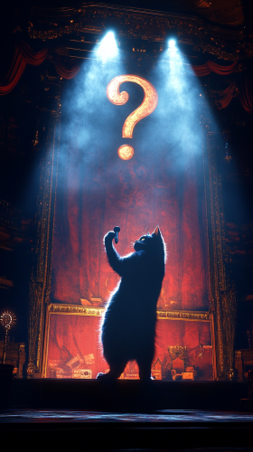 Magnificent stage with bright spotlights, huge cat holds microphone.