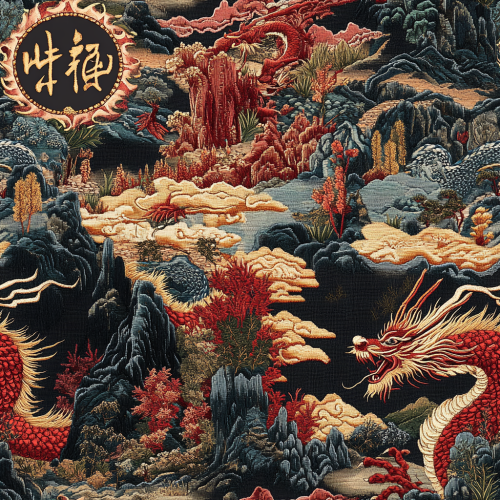 Majestic Dragon in Chinese embroidery style over landscapes.