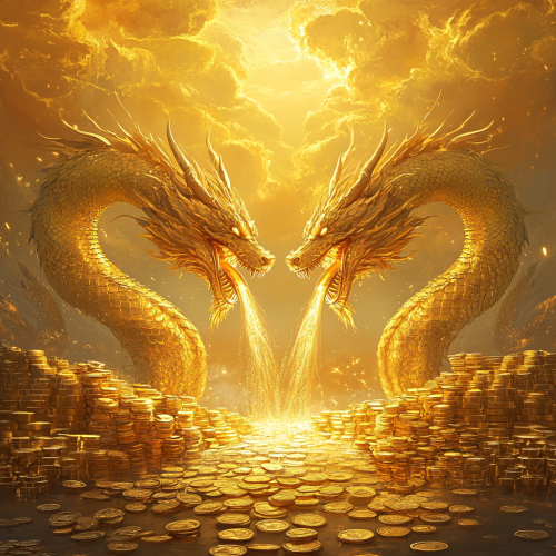 Majestic golden dragons hoarding gold treasures extravagantly