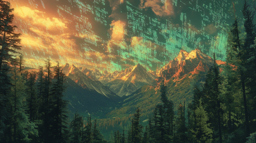 Majestic mountains blend into glitchy, pixelated horizon