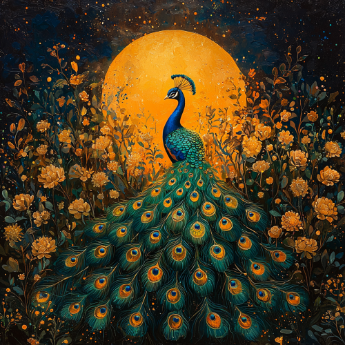 Majestic peacock with vibrant feathers in Frida Kahlo style.