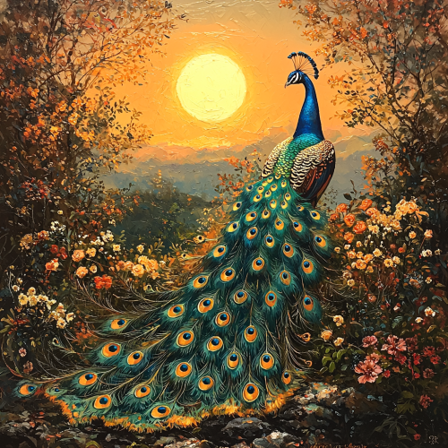 Majestic peacock with vibrant tail against glowing sun.