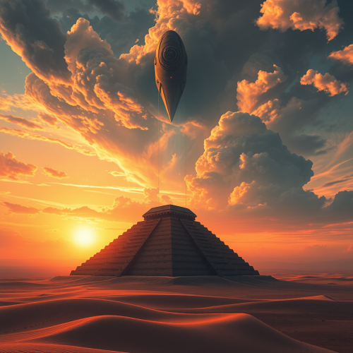 Majestic spaceship above ancient desert ziggurat at sunset. Majestic spaceship above ancient desert ziggurat at sunset.