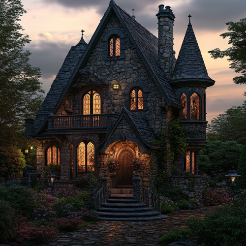 Majestic stone cottage with garden at dusk