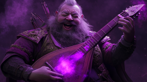 Male dwarf bard playing lute with purple magic. Singing intensely.