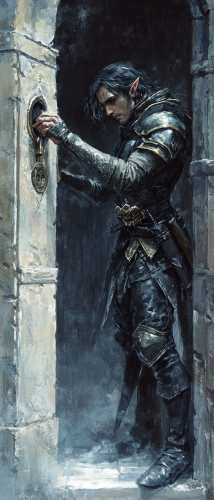 Male elf rogue picking a door lock in dark setting. Male elf rogue picking a door lock in dark setting.