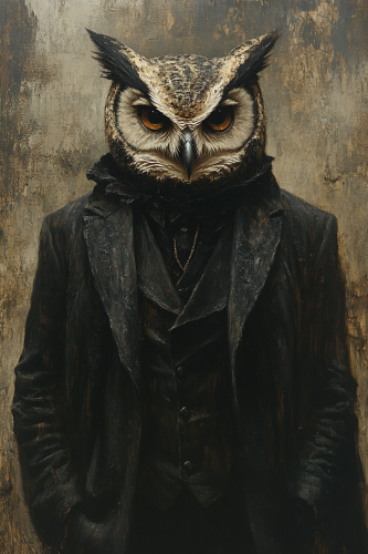 Male with owl head in vintage black attire art. Male with owl head in vintage black attire art.
