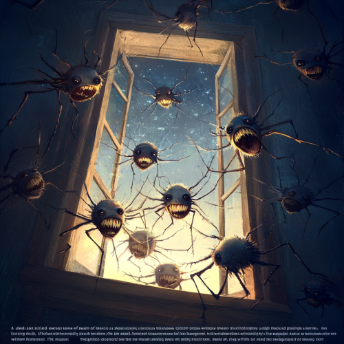 Malicious mosquitoes swarm person through window in horror scene.