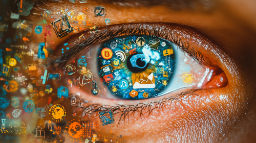Man's eye with technology symbols showing AI advancements