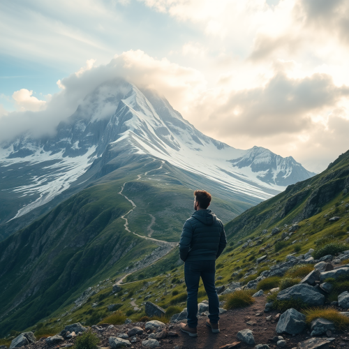 Man Contemplating Journey to Snow-Covered Mountain Summit
