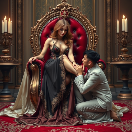 Man Kissing the Feet of Throne-Seated Woman