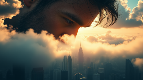 Man Observing City From Clouds in High Detail
