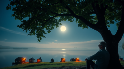 Man Under Tree Observing Illuminated Village by Lake