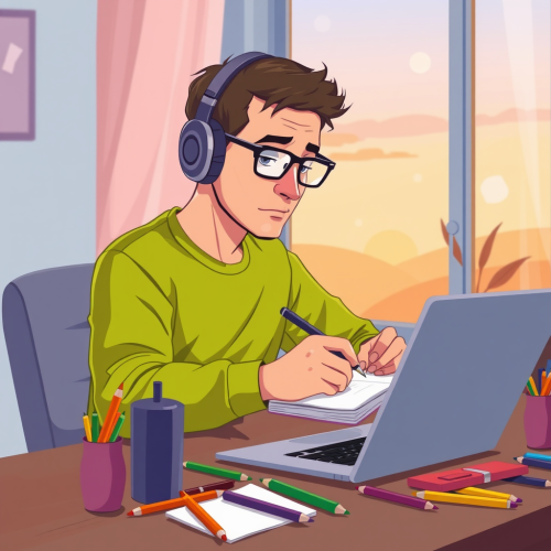 Man Writing in Cozy, Cluttered Workspace at Dusk