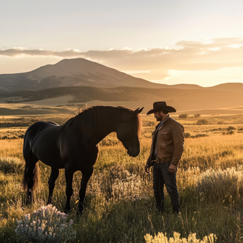 Man and Horse United in Western Landscape Serenity
