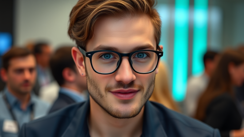 Man avatar for implantology congress host in blue clothes.