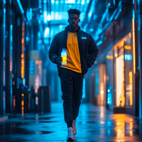 Man confidently walking in city with vibrant smoothie bottle.