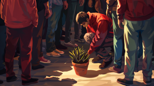 Man crouching with empty flower pot, people ignoring him.