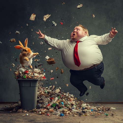 Man dumps trash on overweight man as bunny flees