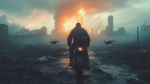 Man escaping on hoverbike chased by drones in wasteland.