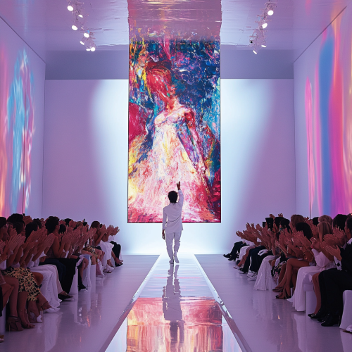 Man hangs large painting in fashionable runway show setting. Man hangs large painting in fashionable runway show setting.