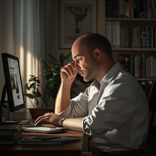 Man in 30s plans future, legacy at computer.