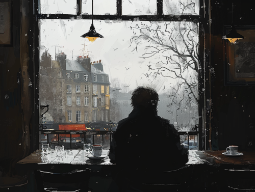 Man in Cafe with Coffee and Dessert, Rainy Cityscape