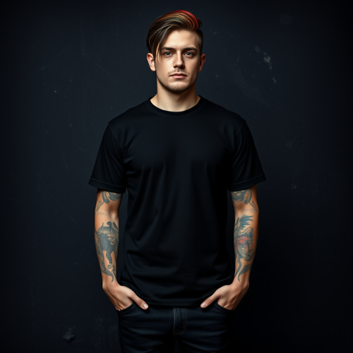 Man in Gothic Style Modeling Black T-Shirt Mockup