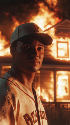 Man in baseball uniform smiles in front of burning house