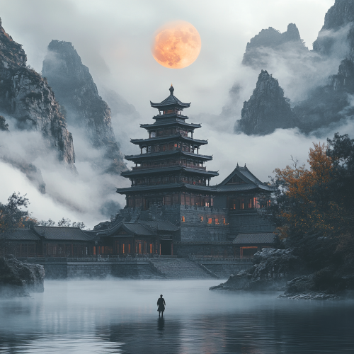 Man in black tights walks to ancient Chinese-style building, surrounded by clouds and mist, orange moon.