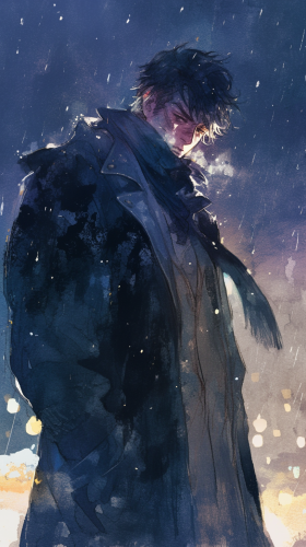 Man in coat and scarf on country road in rain.