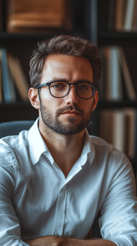 Man in fancy office ignoring blurred people. Captures selfishness impact.