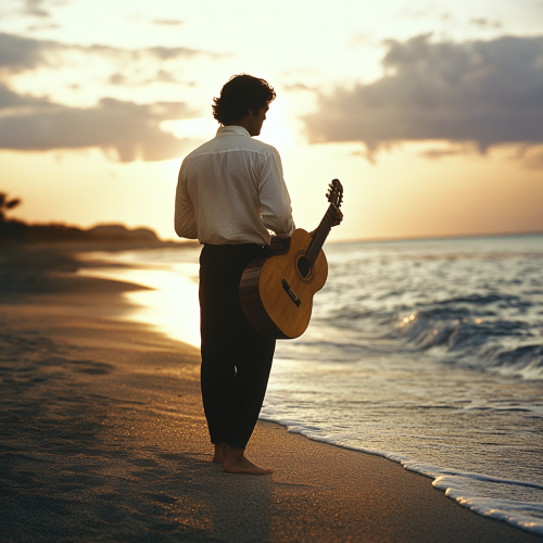 Man in flamenco outfit holding guitar on beach at sunset.