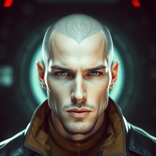 Man in futuristic cyberpunk outfit without hair.