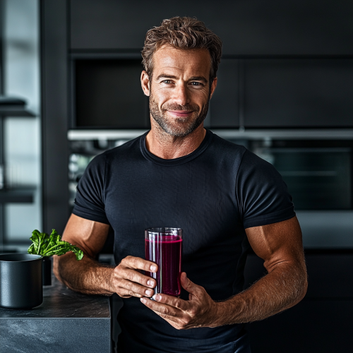 Man in mid-30s in kitchen with beet juice. Man in mid-30s in kitchen with beet juice.
