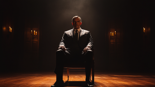 Man in suit sitting in dark room illuminated.