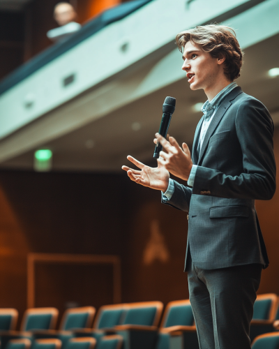 Man in suit speaking on stage with microphone Man in suit speaking on stage with microphone