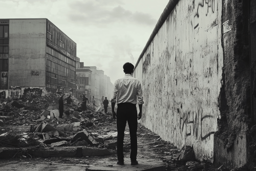 Man in white blouse stares as Berlin Wall falls.