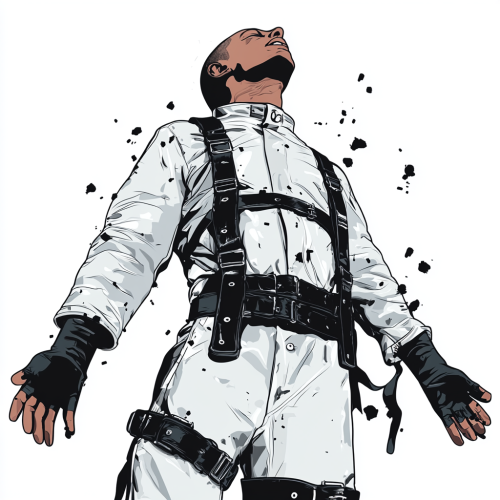 Man in white straight jacket with black straps, struggling.