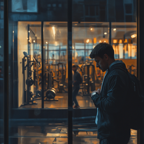 Man in work clothes looks at gym sadly.