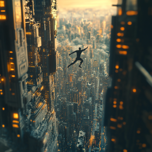 Man jumping high in futuristic city skyline