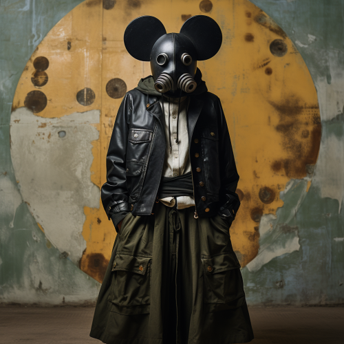 Man model in futuristic Mickey Mouse mask poses.