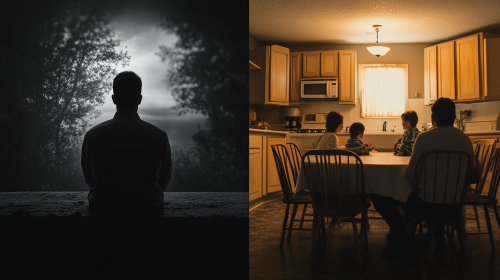 Man on Edge of Dark Chasm, Family Waiting - Life, Love, Cinematic Image 16:9