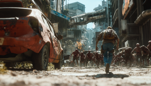 Man running from zombies in ruined city scene
