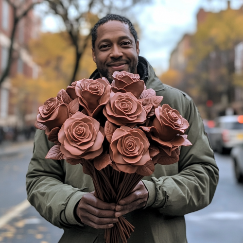 Man smiling, holding chocolate rose bouquet, walking in Bronx. Man smiling, holding chocolate rose bouquet, walking in Bronx.