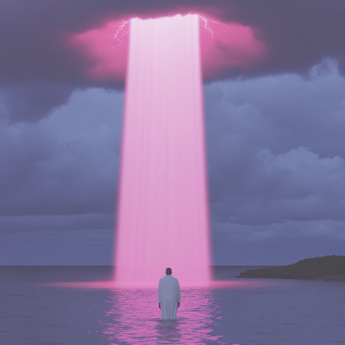 Man walking towards black hole, rays of light.