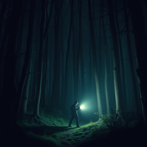 Man with Flashlight in a Dark Scary Forest