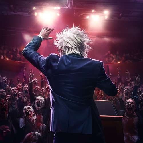 Man with bleached hair in blue suit speaks to zombies.