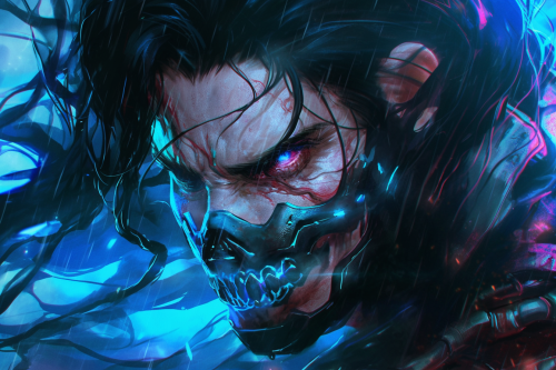 Man with cybernetic mask in tornado, dark town. Art style influences.